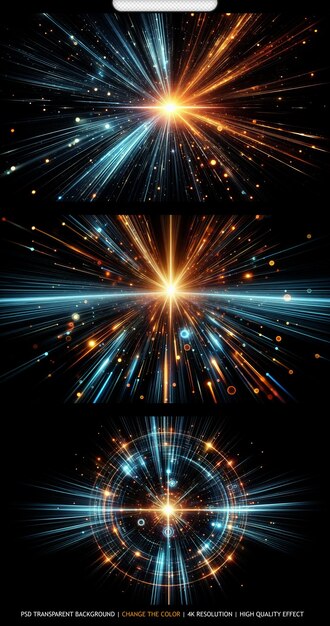 PSD bright radial light beams abstract in blue and orange neon glow color transparent background