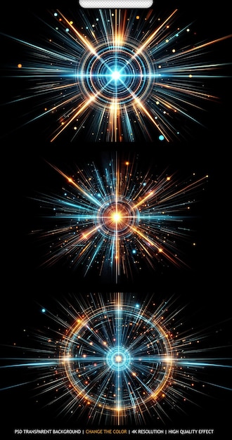 Bright radial light beams Abstract in blue and orange neon glow color transparent background