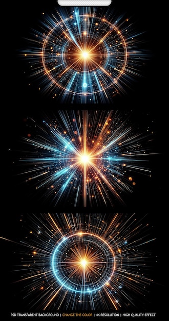 Bright radial light beams Abstract in blue and orange neon glow color transparent background