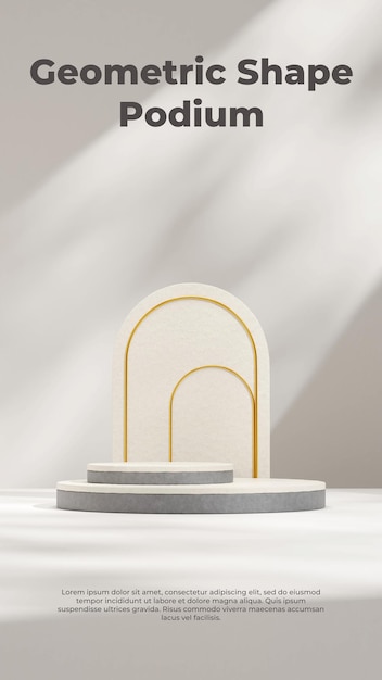 Bright scene terrazzo and concrete texture podium 3d rendering mockup in portrait with gold arch