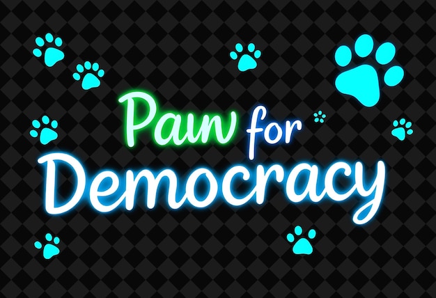 Brilliant Paws for Democracy Text Glows in Neon Emerald and Intense Blue Glowing Paw Prints and Ad