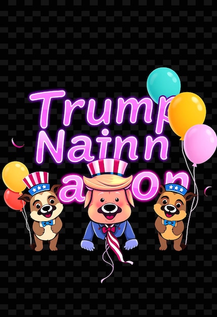 PSD brilliant trump nation text gleams with neon purple and lavender accompanied by cute animal mascots