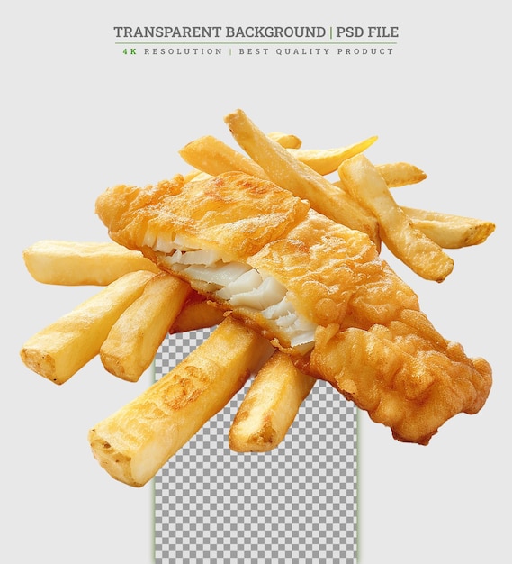 British Traditional Fish and potato chips on white background