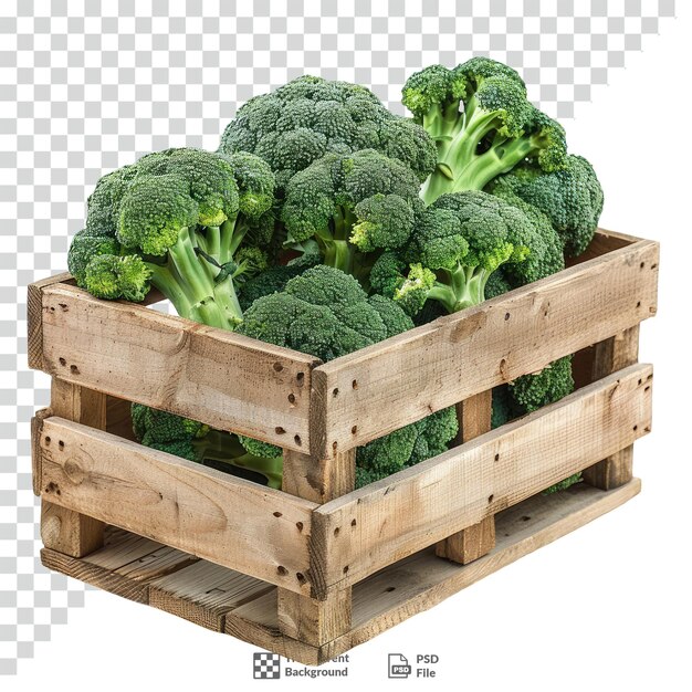 PSD broccoli in a wooden crate transparent background