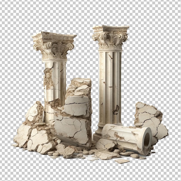 Broken antique pillars white ancient ruined stone columns pieces isolated