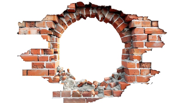 PSD broken brick wall with hole isolated on transparent background 3d rendering