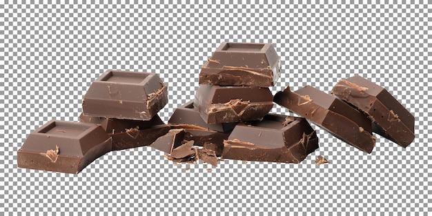 Broken chocolate bar pieces isolated on transparent background