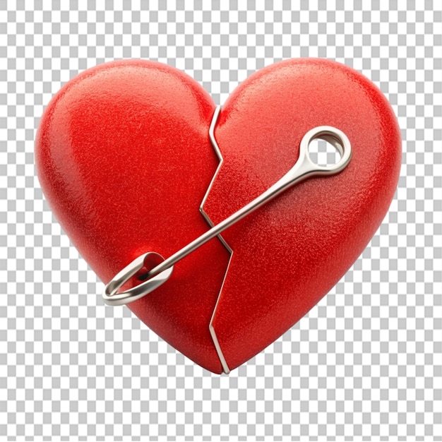 PSD broken heart with safety pin on transparent background