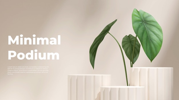 broken white podium in landscape green caladium house plant 3D render image blank mockup