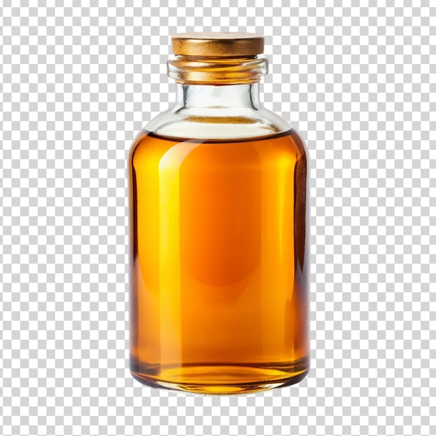 A brown bottle with a clear liquid inside on transparent background