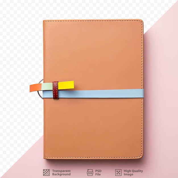 Brown business notebook with a multicolored bookmark set against a transparent background