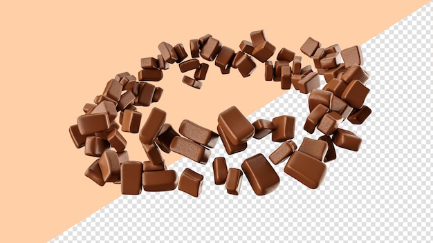 Brown Chocolate square shape candies flying around 3d illustration