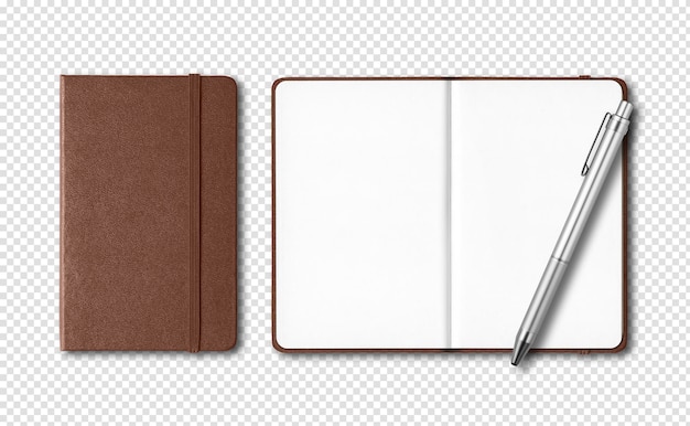 Brown closed and open notebooks with a pen isolated on transparent background