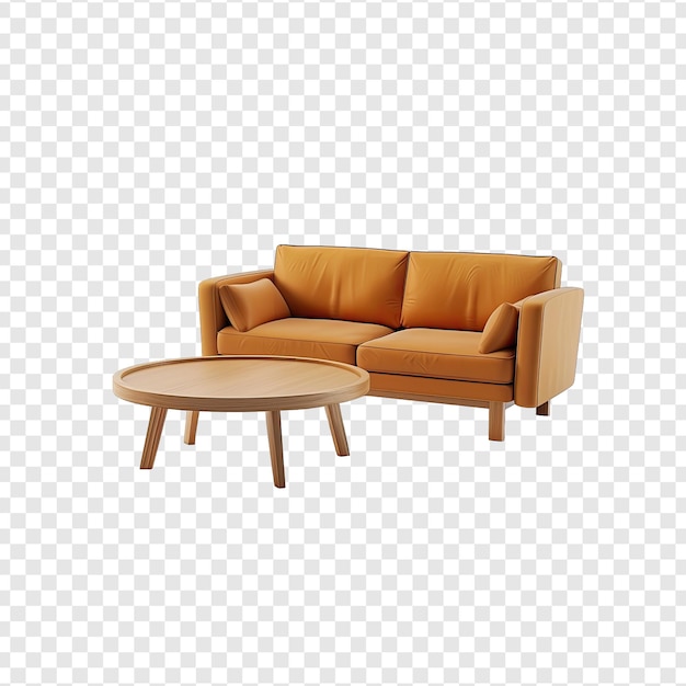 a brown couch with a round top table and a coffee table on a white background png