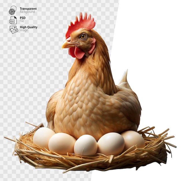 Brown Hen Sitting on Eggs in a Straw Nest on a Transparent Background