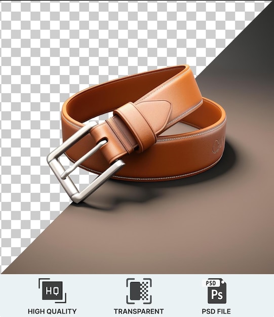 a brown leather belt with a buckle and buckle featuring a metal and silver handle casts a black shadow