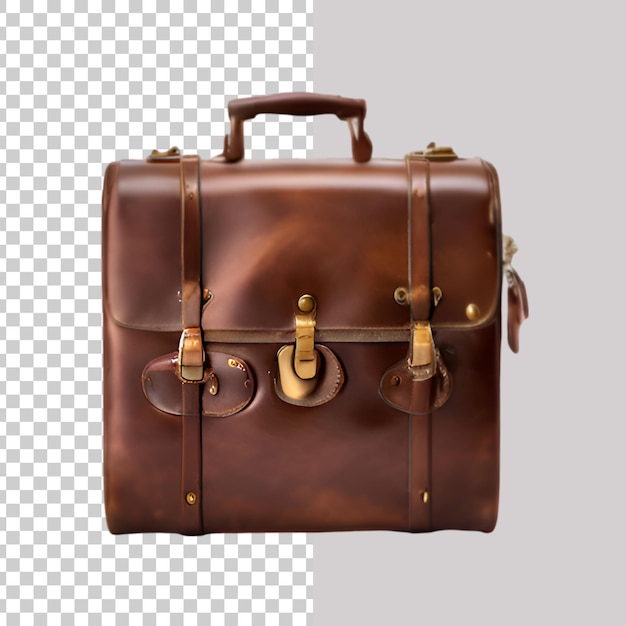 A brown leather briefcase with a handle on transparent background