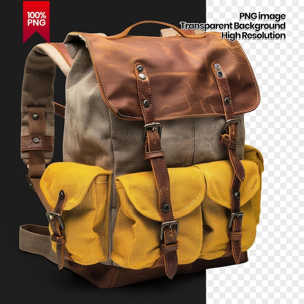 PSD a brown leather and canvas backpack with yellow pockets