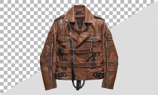 Brown Leather Jacket with Buckles and Chains on Transparent Background