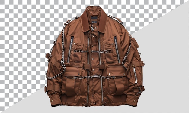 Brown Leather Jacket with Buckles and Chains on Transparent Background