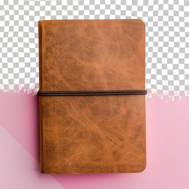 PSD a brown leather notebook with a pink background and a white checkered pattern