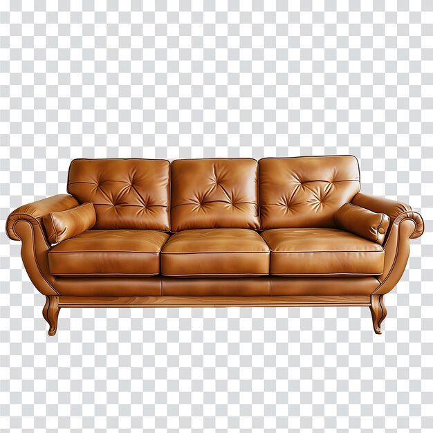 brown leather sofa couch with a brown leather seat and back on transparent PNG