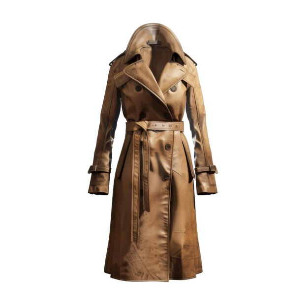 PSD a brown leather trench coat with a belt buttons and a collar