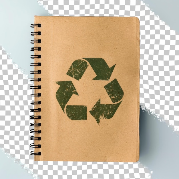 a brown notebook with a green rectangle on it that says recyclable