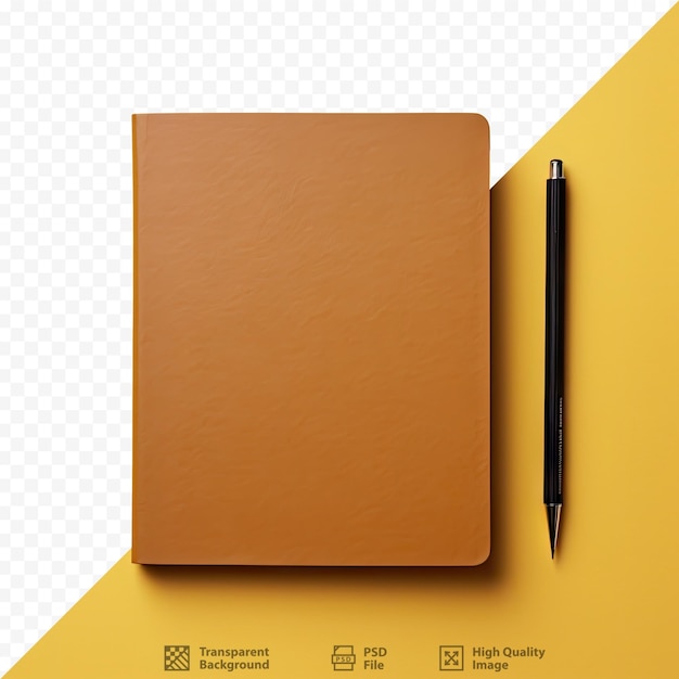 a brown notebook with a pen on it and a pen on it.