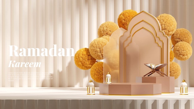 brown podium in landscape al-quran, mimosa, and lamp ramadan kareem, 3d render blank mockup