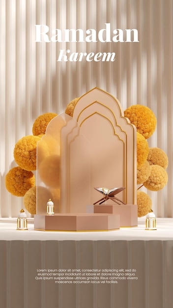 brown podium in portrait al-quran, mimosa, and lamp ramadan kareem, 3d render blank mockup