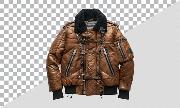 PSD brown quilted leather jacket with chains on transparent background