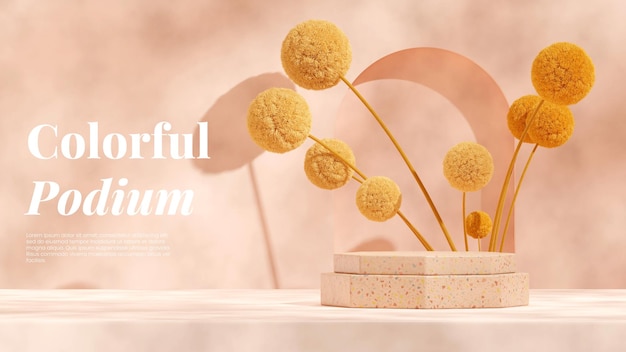 brown terrazzo texture podium 3d rendering template mockup yellow mimosa flower in landscape