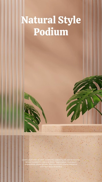 Brown terrazzo texture podium in portrait with glass and monstera plant 3D image render empty scene