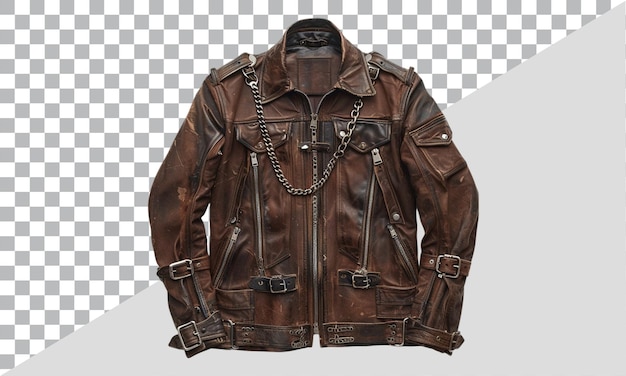 Brown Vintage Leather Jacket with Buckles and Chains on Transparent Background