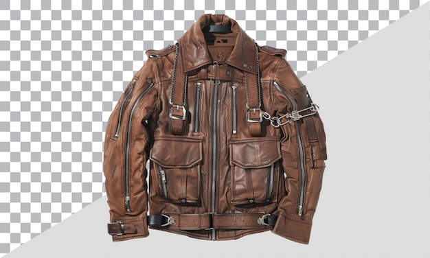 Brown Vintage Leather Jacket with Chains on Transparent Background