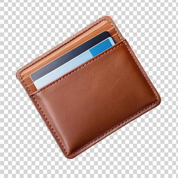 A brown wallet with a card in it on transparent background