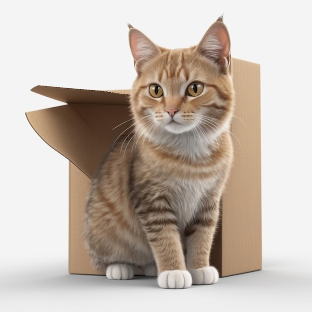 a brown and white cat is in a box with a brown box that says  the cat