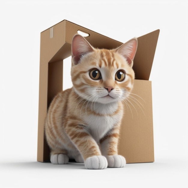 a brown and white cat is in a box with the word  on it