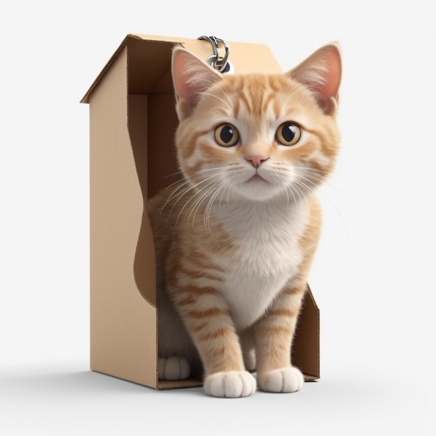 a brown and white cat is standing in a box with a spider on its head