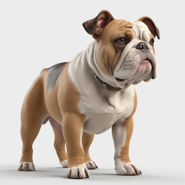 a brown and white dog is standing on a white background