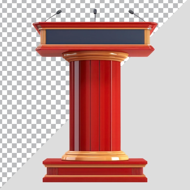 PSD brown wood speech stand and microphone podium set isolated on transparent background