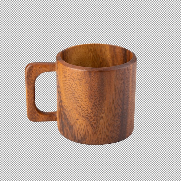 Brown wooden coffee mug isolated on alpha background closeup side view