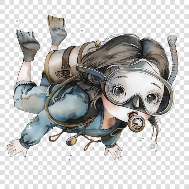 PSD brunette girl scuba diver in grayish blue watercolor nurseryon transparent background