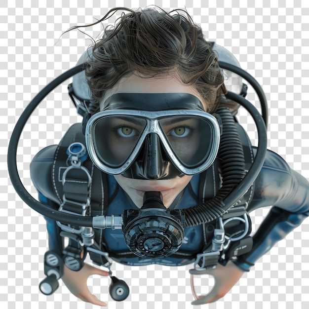 PSD brunette scuba diver in grayish blue realitic isolated on transparent background