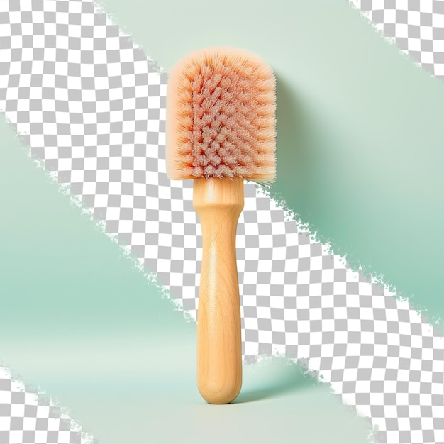 a brush with a wooden handle stands in front of a checkered background.