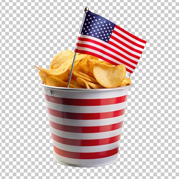 a bucket designed with american on potat ochips