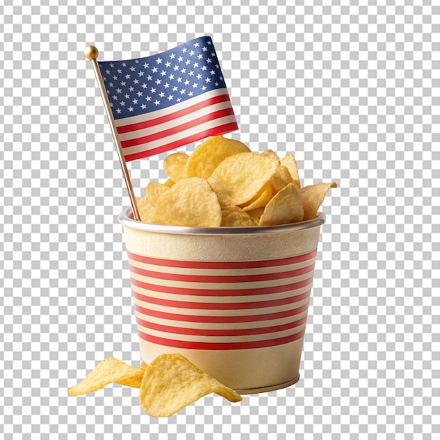 a bucket designed with american on potat ochips