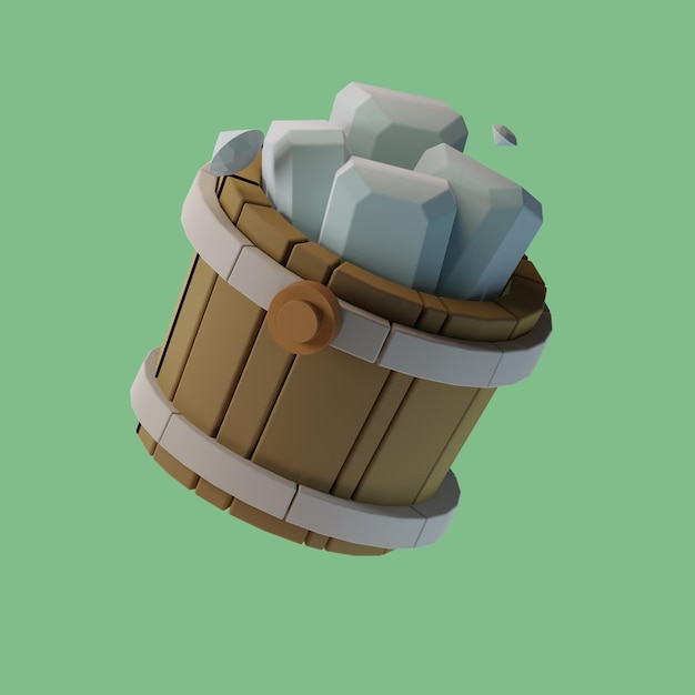 A bucket of ice cubes is shown in a green background.