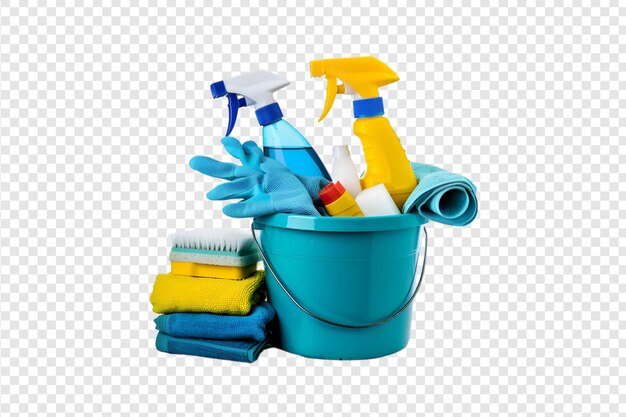 PSD bucket with cleaning supplies isolated on a transparent background